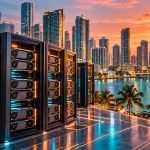 AI-generated illustration of GPU servers with the Miami skyline.