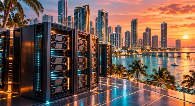AI-generated illustration of GPU servers with the Miami skyline.