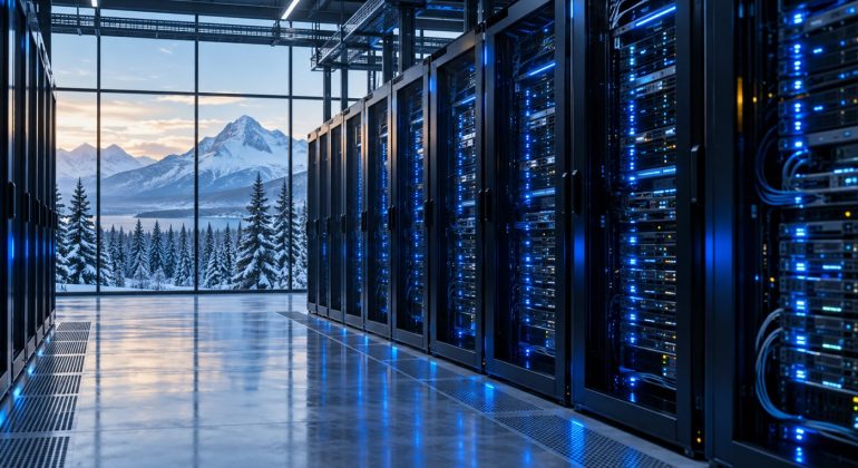 AI-generated illustration of server racks in a Canadian AI data center.