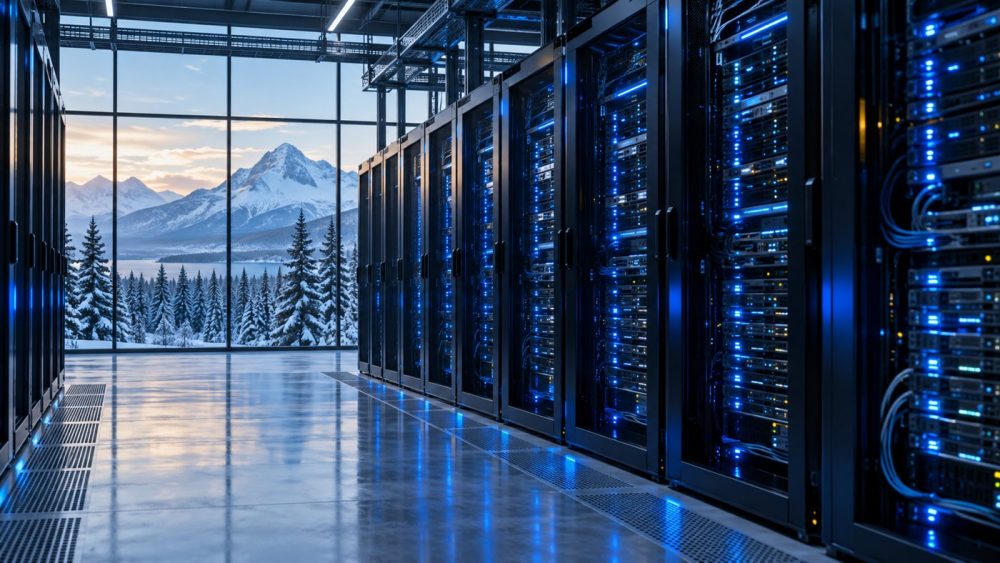AI-generated illustration of server racks in a Canadian AI data center.