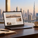 AI-generated illustration of a newsletter publishing workspace overlooking Dubai.