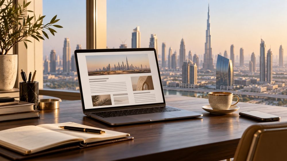 AI-generated illustration of a newsletter publishing workspace overlooking Dubai.